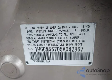 2005 Honda Accord 2.4 Ex z USA, uszkodzony, nr VIN 1HGCM56705A042867